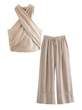 NEW SWEETKAMA women's elowen tie halter top and pant set in khaki